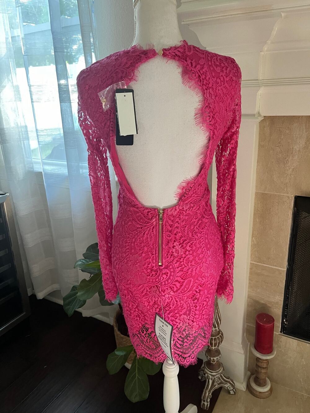 BEBE Lace Plunge-Neck Cutout-Back Mini Dress